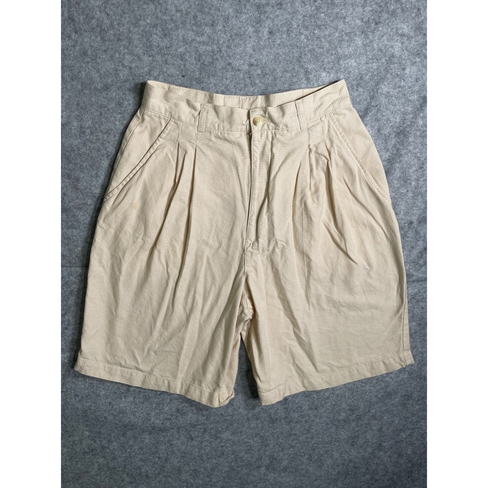 Babe Didrikson Vintage Gingham Pleated Shorts Tan White High Waist Womens 6 USA